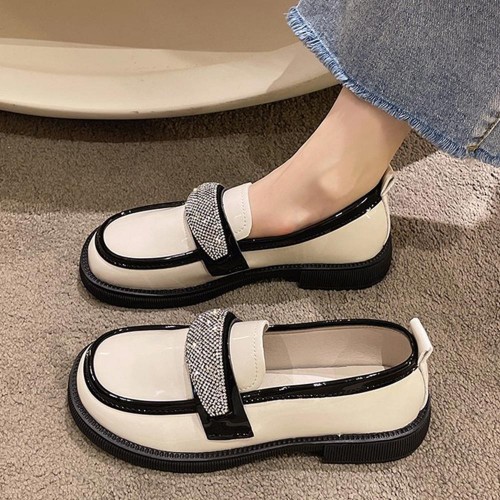Platform Sponge Bottom Slip On Rhinestone Loafers Shoes - Cream image