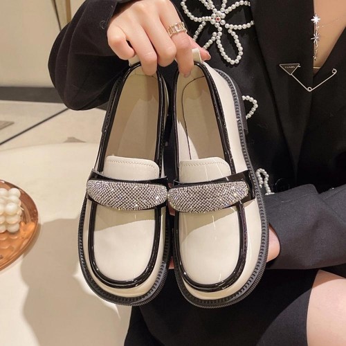 Platform Sponge Bottom Slip On Rhinestone Loafers Shoes - Cream image