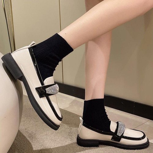 Platform Sponge Bottom Slip On Rhinestone Loafers Shoes - Cream image