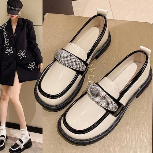Platform Sponge Bottom Slip On Rhinestone Loafers Shoes - Cream image