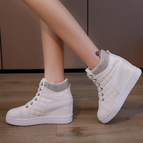 Comfort Rhinestone Decorated High Top Women Fashion Sneakers - White image