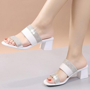 Casual Rhinestone Open Toe Strap Slipper Sandals - White