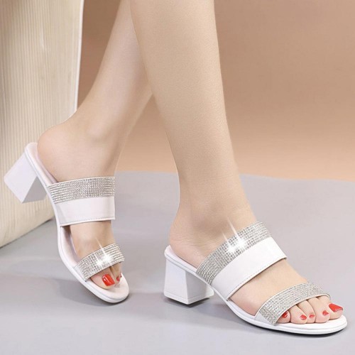 Casual Rhinestone Open Toe Strap Slipper Sandals - White image