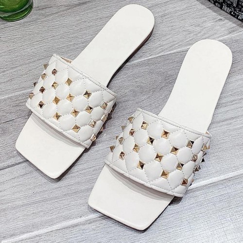 Rhombus Comfortable Flat Bottom Square Toe Slippers - White image