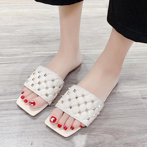 Rhombus Comfortable Flat Bottom Square Toe Slippers - White image