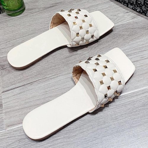 Rhombus Comfortable Flat Bottom Square Toe Slippers - White image