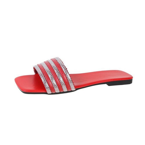 Rhinestone Non Slip Square Head Flat Bottom Slippers - Red image