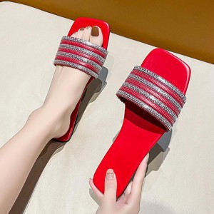 Rhinestone Non Slip Square Head Flat Bottom Slippers - Red