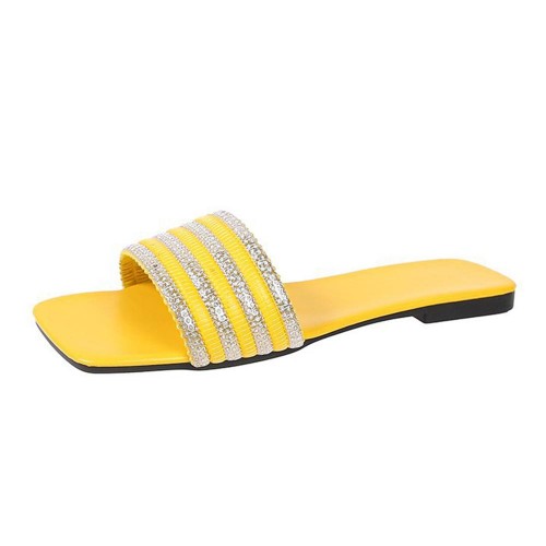 Rhinestone Non Slip Square Head Flat Bottom Slippers - Yellow image