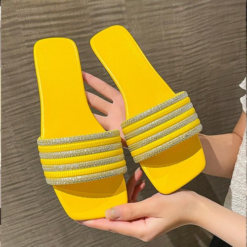 Rhinestone Non Slip Square Head Flat Bottom Slippers - Yellow image