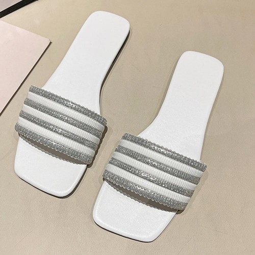 Rhinestone Non Slip Square Head Flat Bottom Slippers - White image