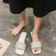 Rhinestone Non Slip Square Head Flat Bottom Slippers - White image