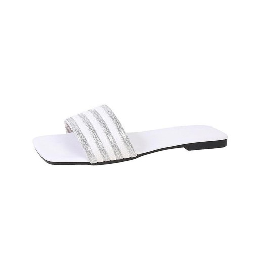 Rhinestone Non Slip Square Head Flat Bottom Slippers - White image
