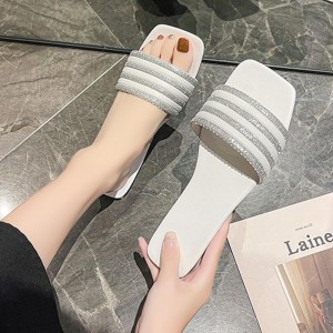 Rhinestone Non Slip Square Head Flat Bottom Slippers - White