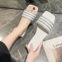 Rhinestone Non Slip Square Head Flat Bottom Slippers - White
