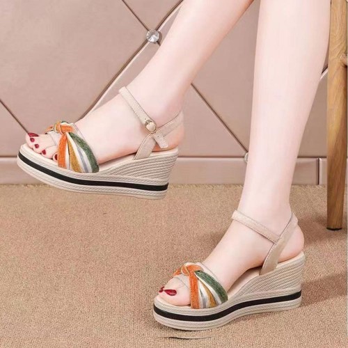 Comfortable Fish Mouth Soft Soled Buckle Closure Wedge Sandals - Beige image