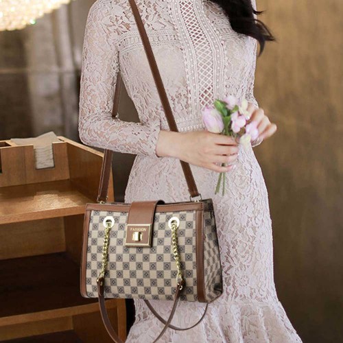 Trendy Zip Closure Messenger Check Box Women Shoulder Bags - Brown image
