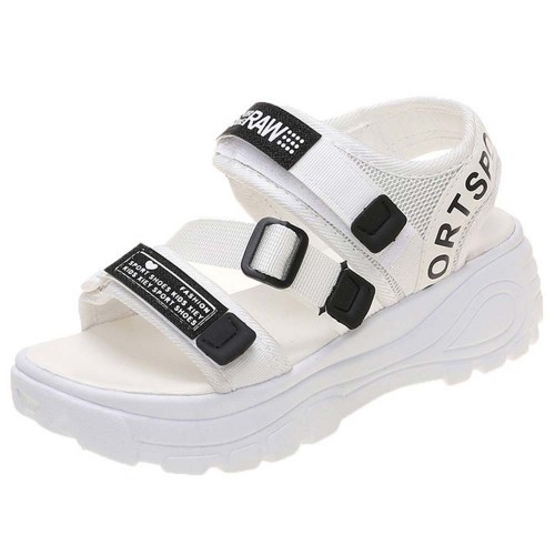 Strappy Velcro Thick Soled Open Toe Women Sandals - White image