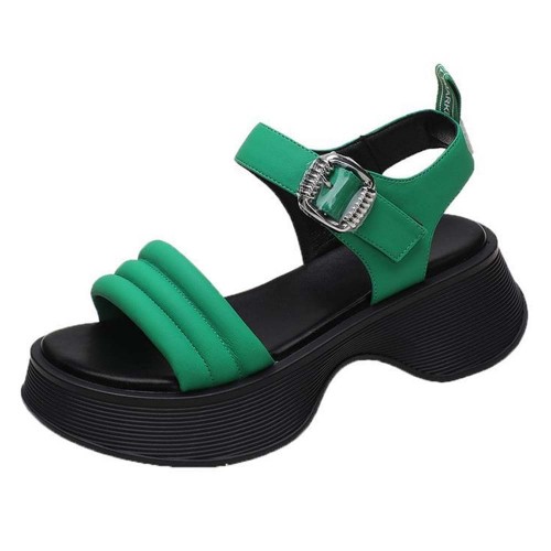 Casual Style Open Toe Muffin Buckle Closure Sandals - Green image