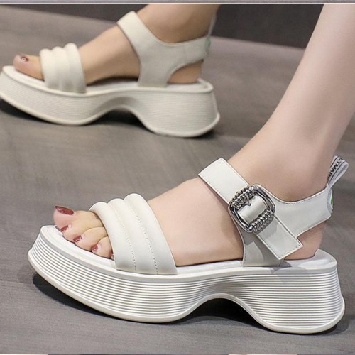 Casual Style Open Toe Muffin Buckle Closure Sandals - Cream image