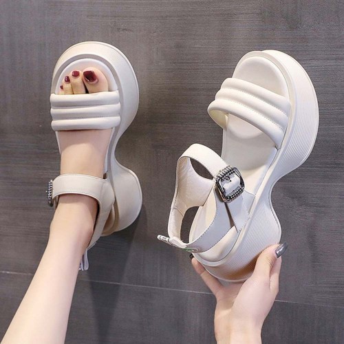Casual Style Open Toe Muffin Buckle Closure Sandals - Cream image