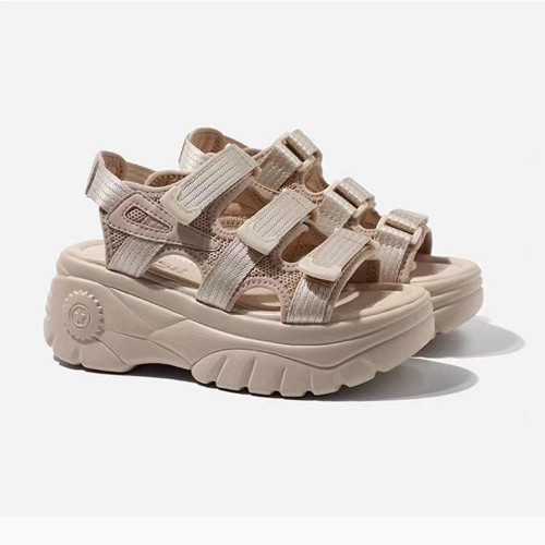 Casual Style Peep Toe Hollow Muffin Velcro High Wedge Sandals - Beige image