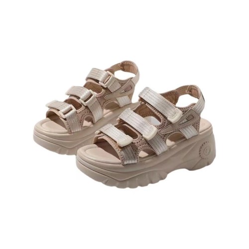Casual Style Peep Toe Hollow Muffin Velcro High Wedge Sandals - Beige image