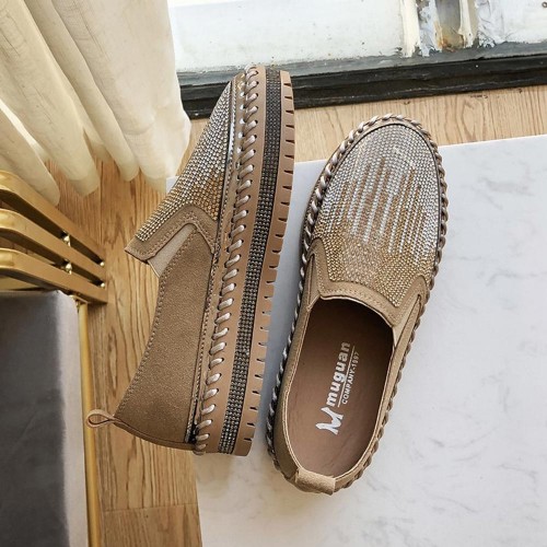 Casual Crystal Decorated Platform Slip On Loafers Flats - Brown image