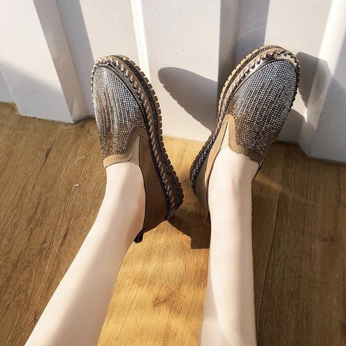 Casual Crystal Decorated Platform Slip On Loafers Flats - Brown image