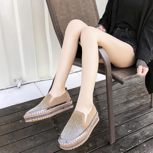 Casual Crystal Decorated Platform Slip On Loafers Flats - Brown image