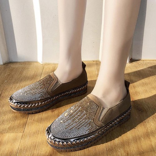 Casual Crystal Decorated Platform Slip On Loafers Flats - Brown image