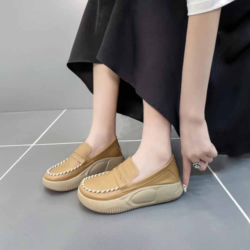 Casual Shallow Mouth Thick Sole Slip On Loafers Casual Shoes Brown image