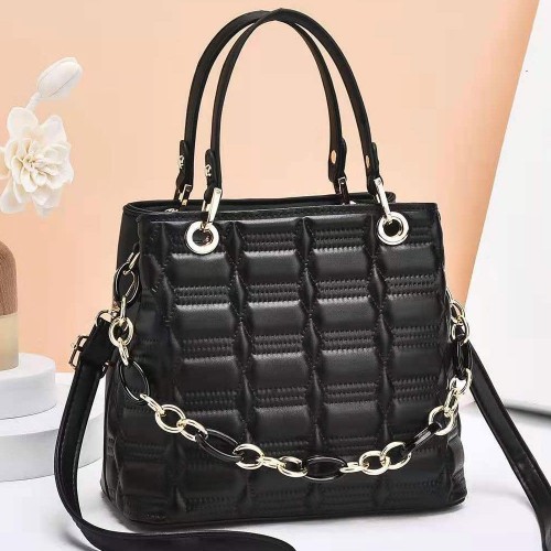 Diagonal Zipper Closure Rhombus Women Tote Hand Bag - Black image