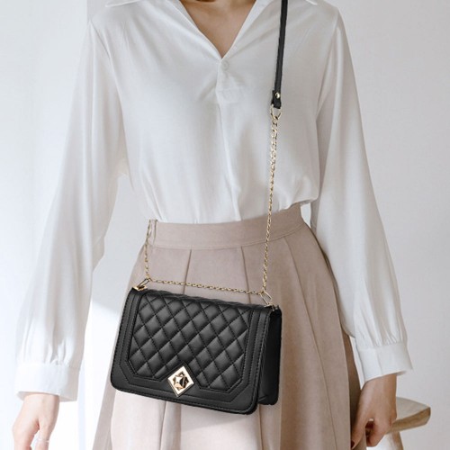 Elegant Rhombus Flip Lock Closure Women Shoulder Bag - Black image