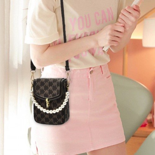 Luxury Pearl Chain Cellphone Case Mini Flip Square Shoulder Bag - Dark Blue image