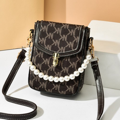 Luxury Pearl Chain Cellphone Case Mini Flip Square Shoulder Bag - Dark Blue image