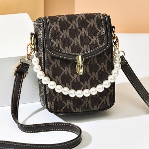 Luxury Pearl Chain Cellphone Case Mini Flip Square Shoulder Bag - Dark Blue