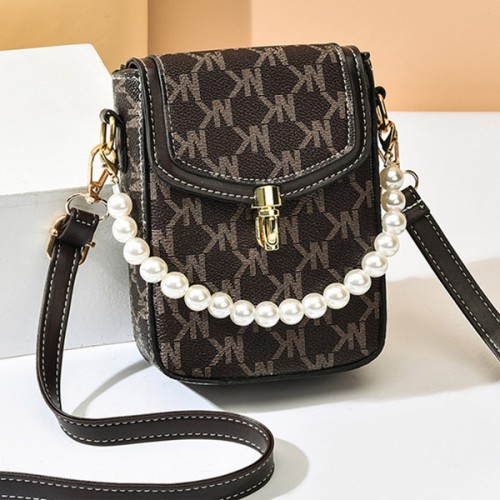 Luxury Pearl Chain Cellphone Case Mini Flip Square Shoulder Bag - Dark Blue image