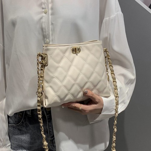 Modish Embossed Chain Crossbody Women Bucket Tote Shoulder Bag - White image