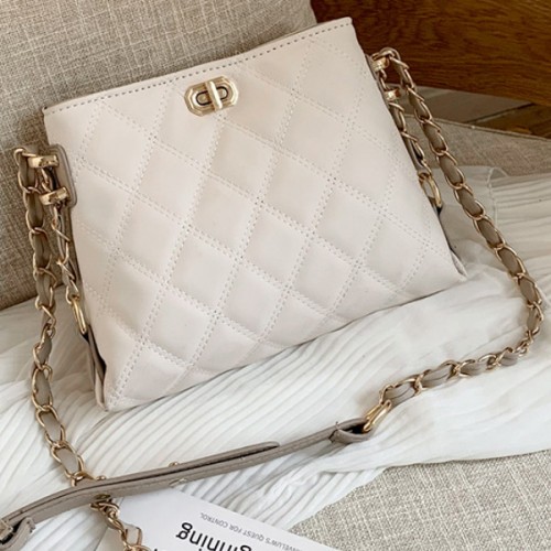 Modish Embossed Chain Crossbody Women Bucket Tote Shoulder Bag - White image
