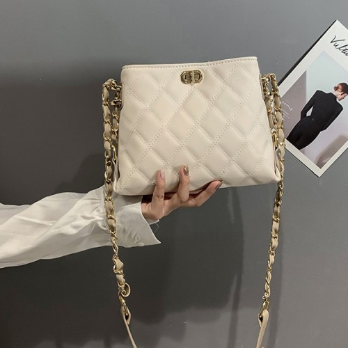 Modish Embossed Chain Crossbody Women Bucket Tote Shoulder Bag - White image