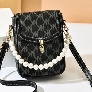 Stylish Pearl Chain Mobile Phone Letter Printed Mini Shoulder Bag - Black