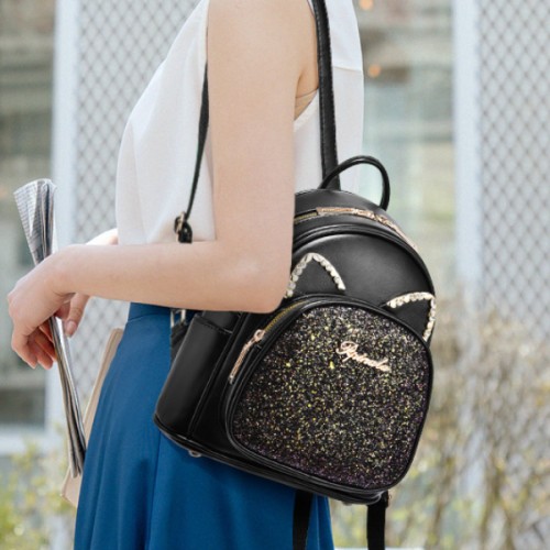 Luxury Sequin Cat Shape Multi Pockets Women Backpack - Black image
