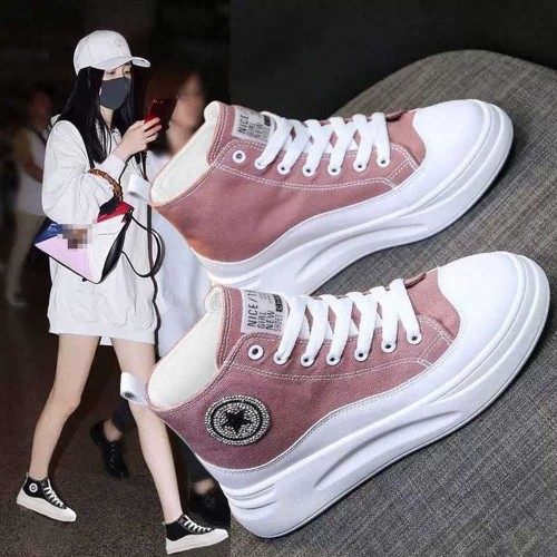 Lightweight High-top Lace Up Wedges Jogging Sneakers - Pink image