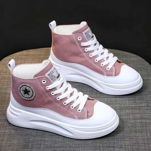 Lightweight High-top Lace Up Wedges Jogging Sneakers - Pink image