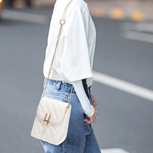 Luxury Rhombus Embossed Flip Cell Phone Mini Chin Shoulder Bag - White image