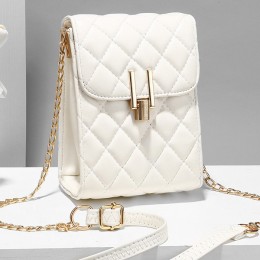 Luxury Rhombus Embossed Flip Cell Phone Mini Chin Shoulder Bag - White