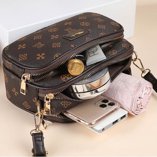 Trendy Floral Pattern Diagonal Round Shoulder Bag - Dark Brown image