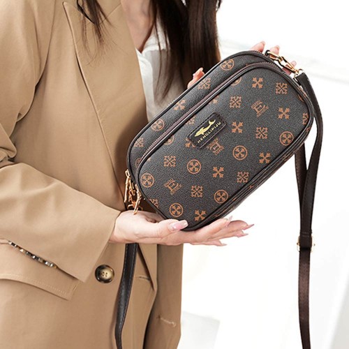 Trendy Floral Pattern Diagonal Round Shoulder Bag - Dark Brown image
