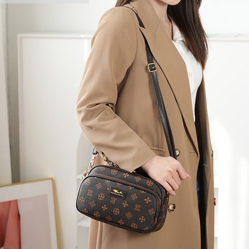 Trendy Floral Pattern Diagonal Round Shoulder Bag - Dark Brown image
